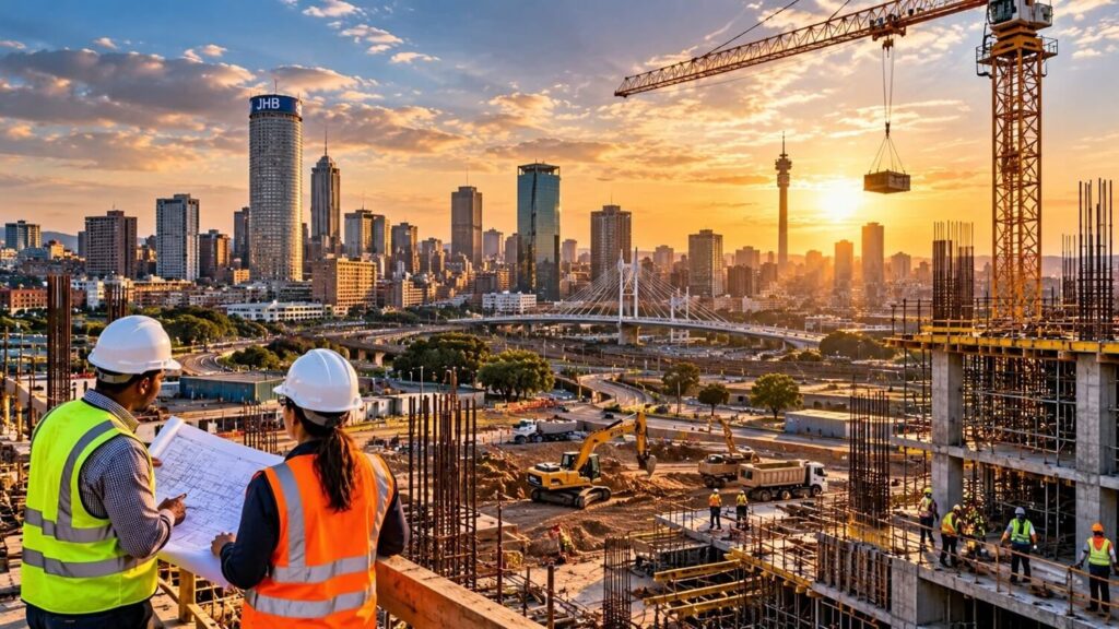 Engineers reviewing construction plans at a large building site overlooking the Johannesburg skyline in Gauteng